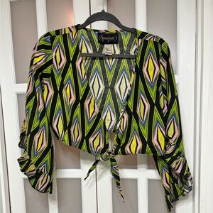 Spoon Jeans Boho Geometric Print Tie Front Top Size XL Ruffle Sleeve Retro